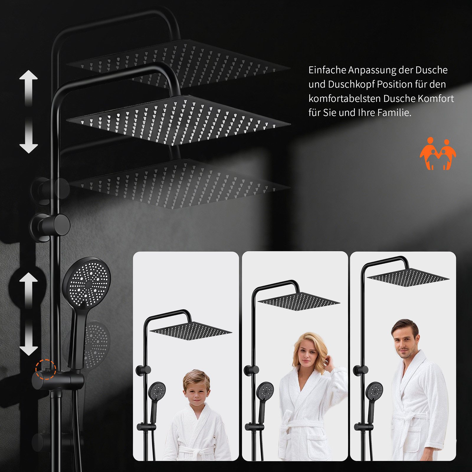 HOMELODY Duschsystem Schwarz mit SUS304 Badewannenarmatur und 30 cm Regendusche, 2 Strahlart(en), 5-Strahlarten-Handbrause und höhenverstellbare Duschstange ohn – Bild 5 von 5