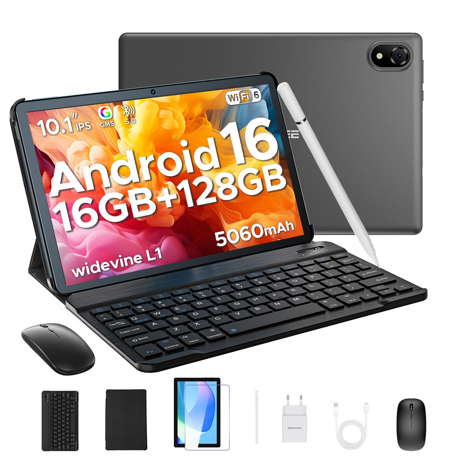 DOOGEE U10 Android 16 Tablet mit Tastatur, Stift, Maus, 10 Zoll, 128GB ROM AI Tablet (10.1", 128 GB, Android 16, WIFI, 5060mAh, Widevine L1, WiFi6, Face ID, Kinder Tablet)