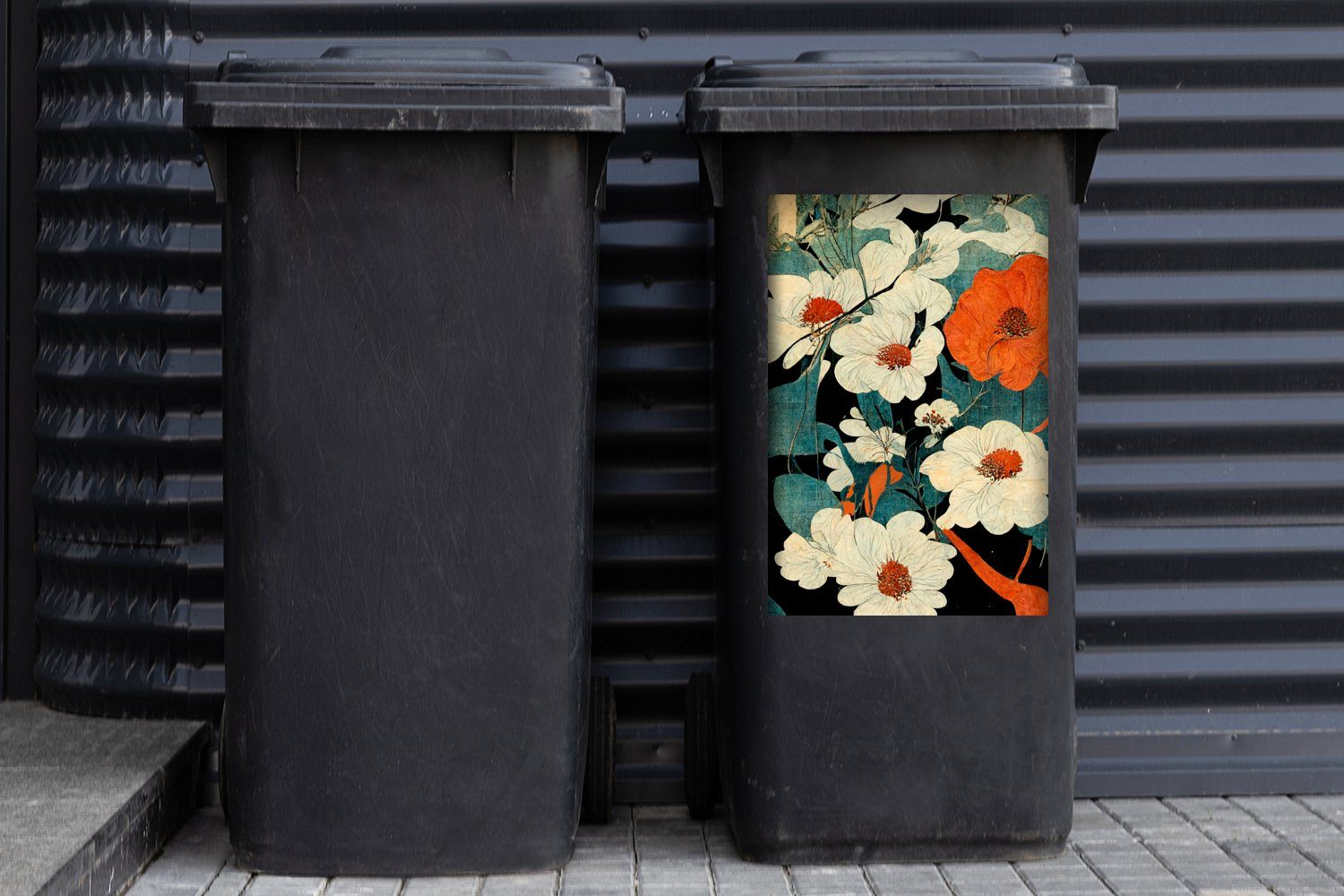 Pflanzen - Orange - MuchoWow Wandsticker Blumen - (1 Sticker, - Container, Mülltonne, Abfalbehälter Vintage Mülleimer-aufkleber, Asien St),
