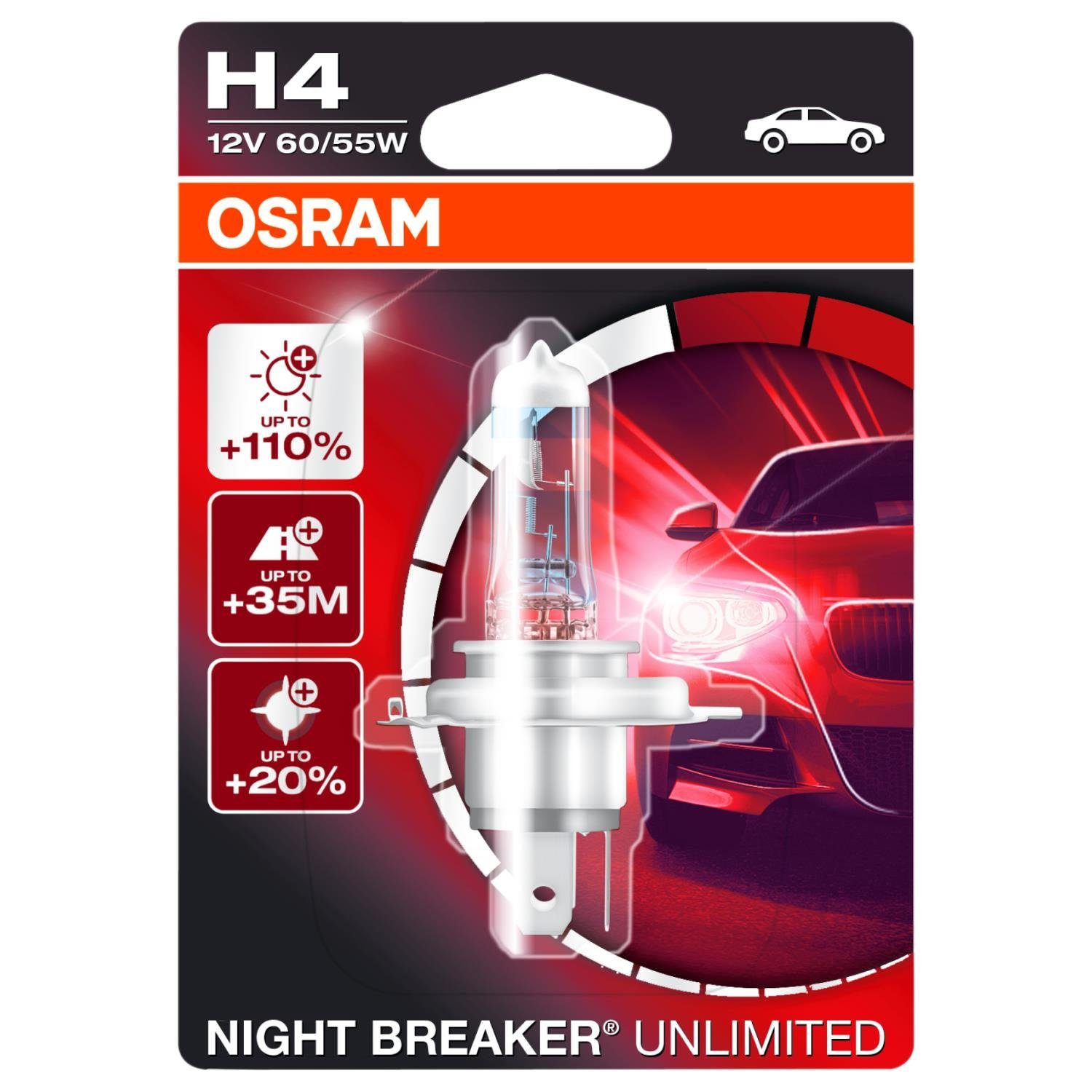 Osram KFZ-Ersatzleuchte H4 12V 60/55W Leuchtmittel NightBreaker Laser, H4, 1 St., Kaltweiß, Xenon Look Effekt Halogen-Birnen Scheinwerfer-Lampe