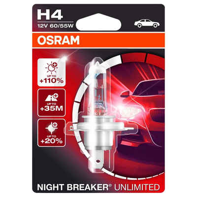 Osram H4 12V 60/55W Leuchtmittel NightBreaker Laser KFZ-Ersatzleuchte, H4, 1 St., Kaltweiß, Xenon Look Effekt Halogen-Birnen Scheinwerfer-Lampe