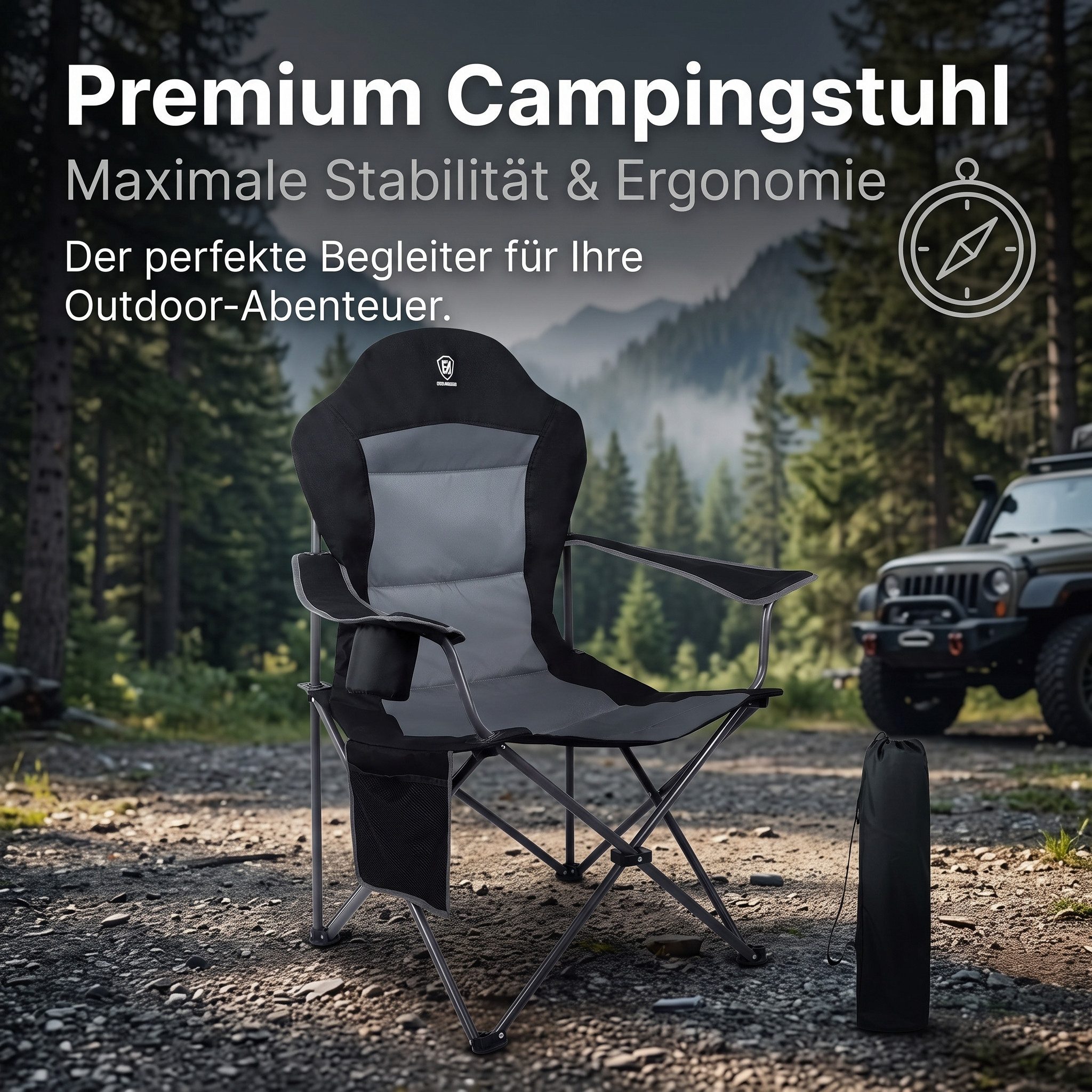 SURFOU Campingstuhl Campingstuhl faltbar mit Armlehnen und Getränkehalter Schwarz
