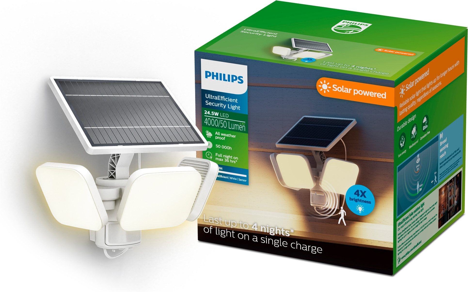 Philips LED Flutlichtstrahler Outdoor Ultra-Efficient Solar Zyren Sicherheitslicht, Abschaltautomatik, Bewegungsmelder, Tageslichtsensor, LED fest integriert, Kaltweiß, Tageslicht- und Bewegungssensor, 4000 Lumen