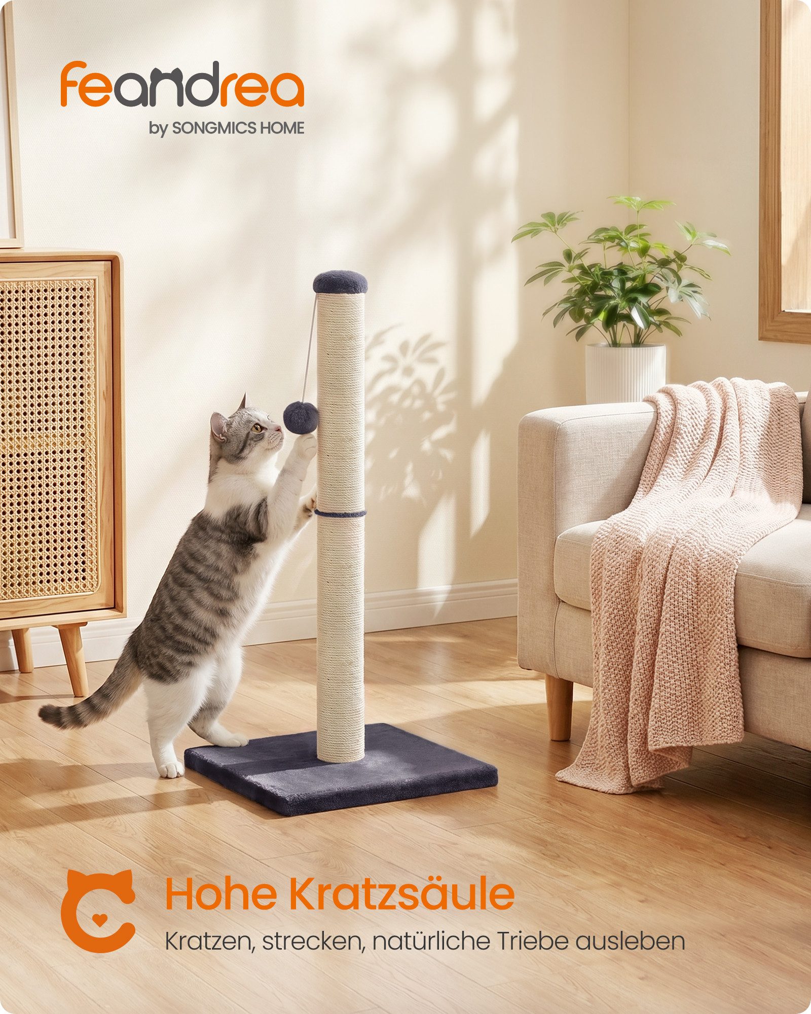 FEANDREA Kratzbaum aus Natürlichem Sisal mit Spielzeug, Möbelschutz für Große Katzen, 84 cm Hoher Stabiler Kratzbaum, 40 x 40 x 84 cm