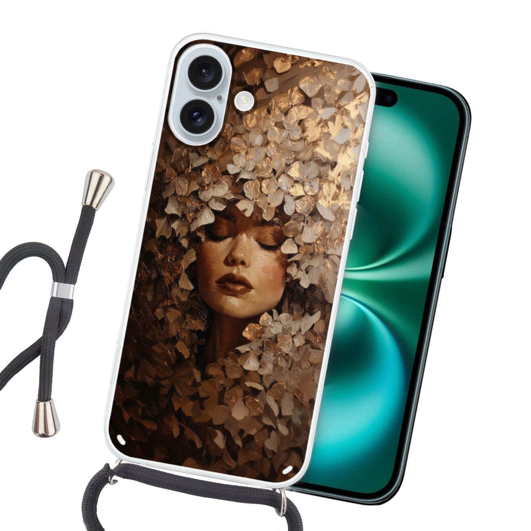 MuchoWow Handyhülle für Apple iPhone 16 Plus Gesicht - Dame - Blätter - Pinselstriche, Tragbare Handyhüllen mit Kette zum umhängen, Handykette Handyband