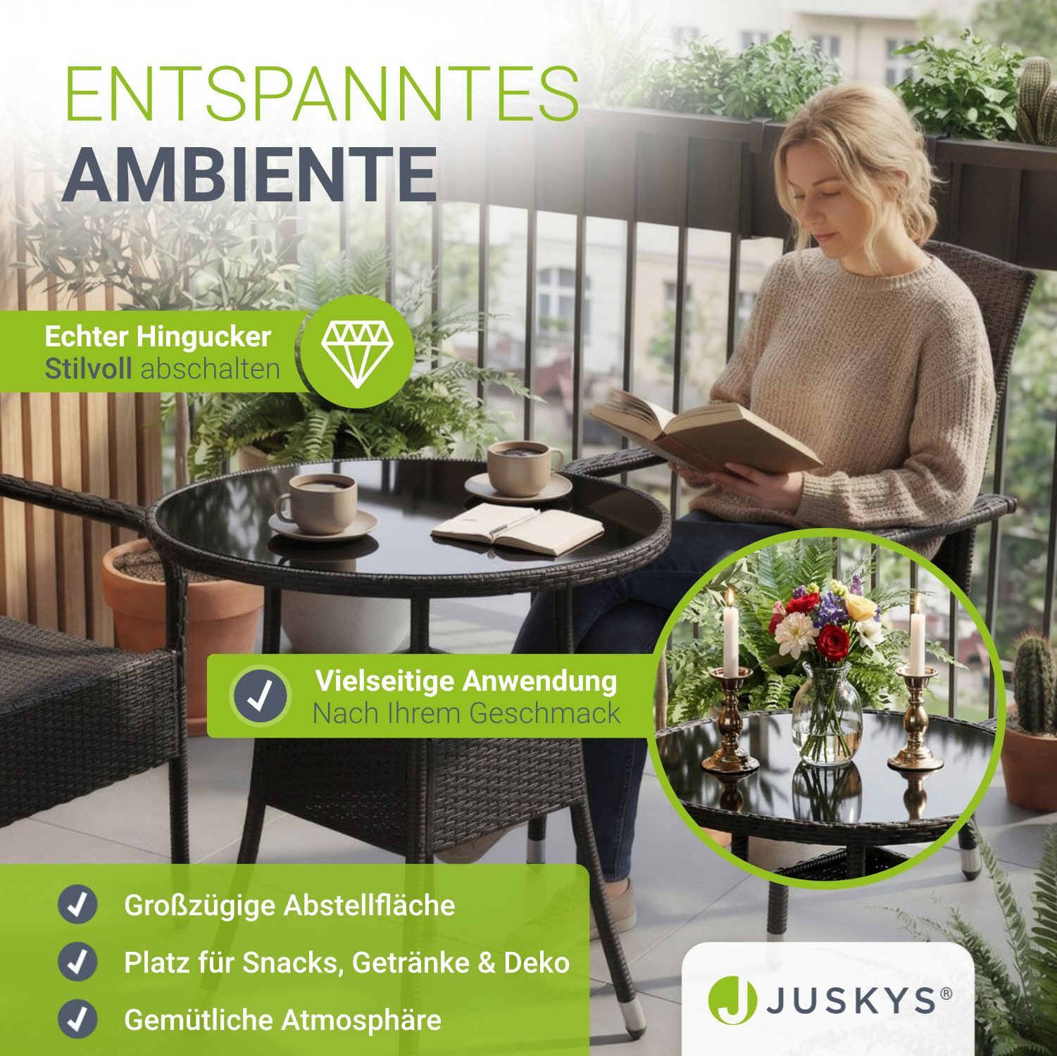 Juskys Gartentisch Yoro, rund, aus Polyrattan, wetterfest & langlebig, pflegeleicht