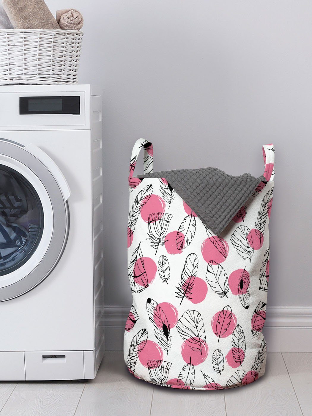 Griffen mit für Waschsalons, Motive Wäschekorb Kordelzugverschluss Wäschesäckchen Abakuhaus Feder Feder Dots Skizzieren