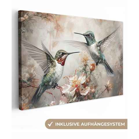 OneMillionCanvasses® Leinwandbild Kolibri - Vögel - Blumen - Pflanzen, (1 St), Leinwand Bilder Klein, Wand Dekoration 30x20 cm