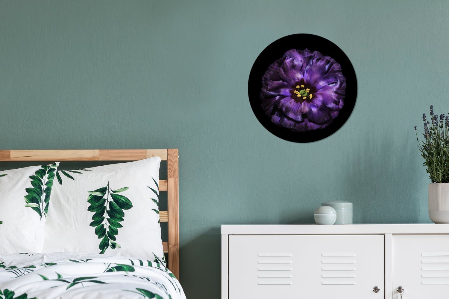 Wandbild, Wanddekoration MuchoWow 30x30 Eine Kreis Wohnzimmer, abgebildet, cm St), violette Gemälde Hintergrund Blume schwarzem Forex, (1 Rundes vor