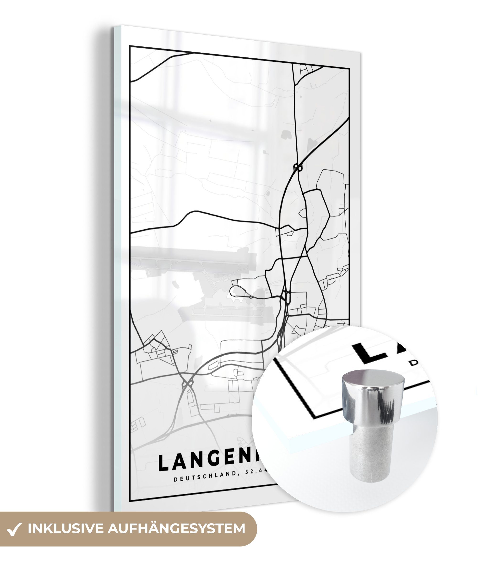 MuchoWow Acrylglasbild Karte - Stadtplan - Langenhagen - Karte, (1 St),  Glasbilder - Bilder auf Glas Wandbild - Foto auf Glas - Wanddekoration