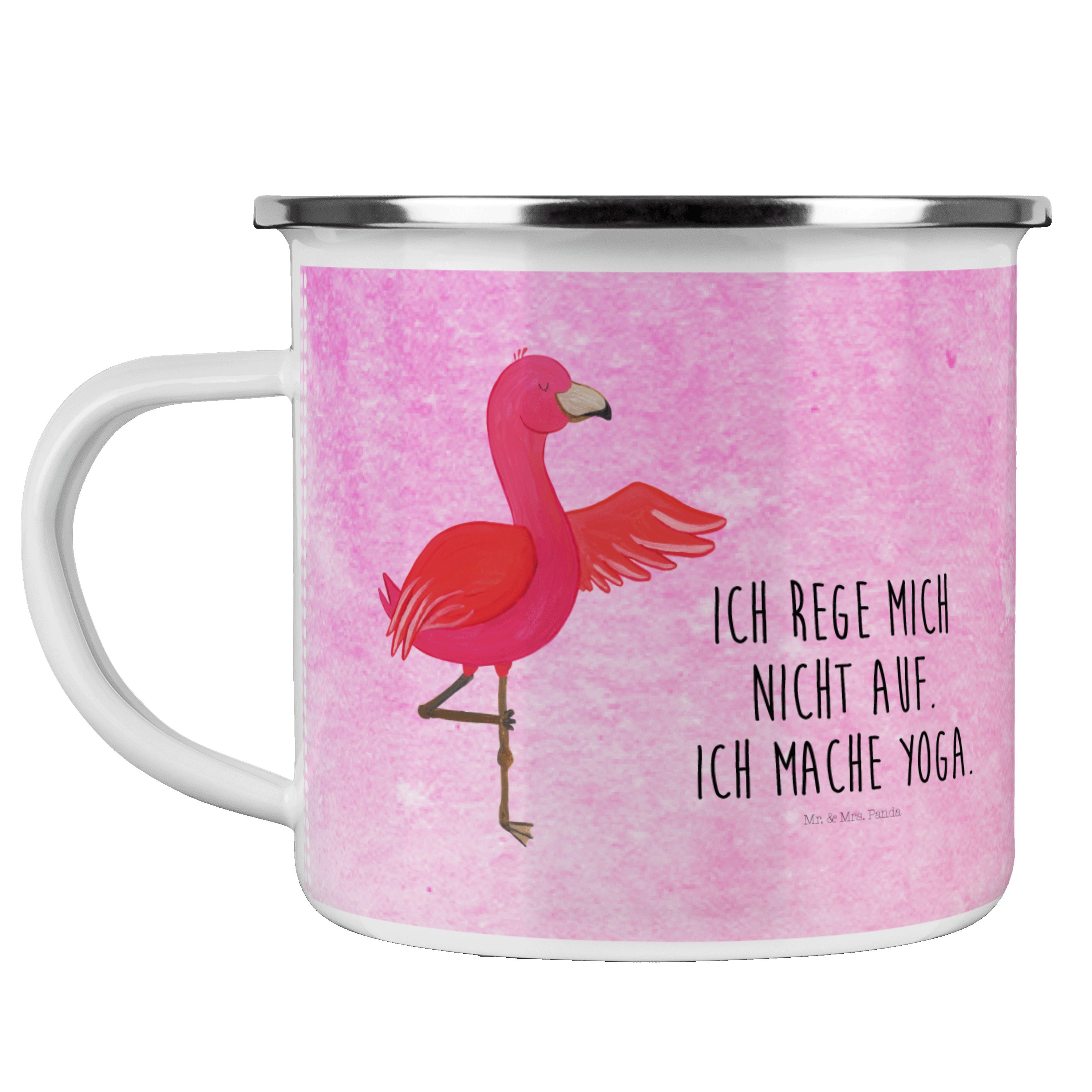 Mr. & Mrs. Panda Becher Flamingo Yoga - Aquarell Pink - Geschenk, Emaille Campingbecher, Yoga, Emaille
