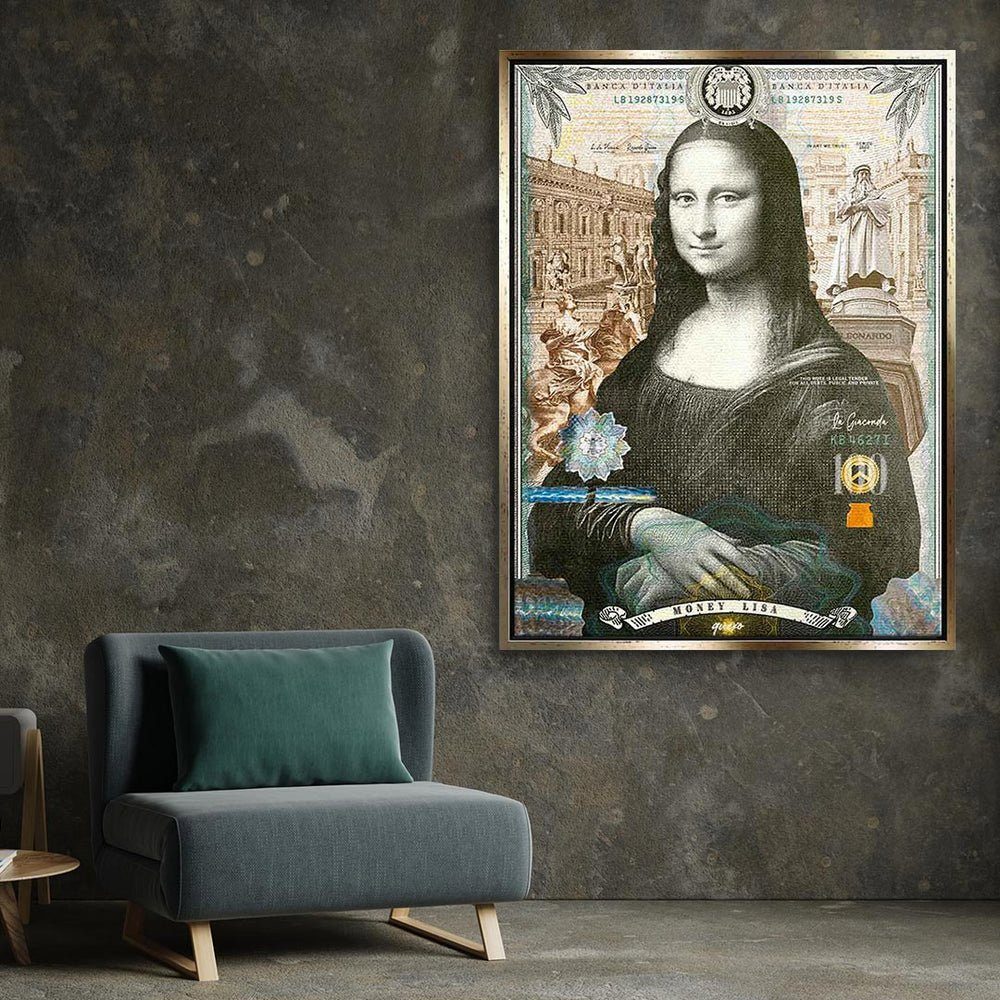 Porträt Money Lisa Rahmen Mona Art Leinwandbild, DOTCOMCANVAS® Leinwandbild Pop Lisa weißer