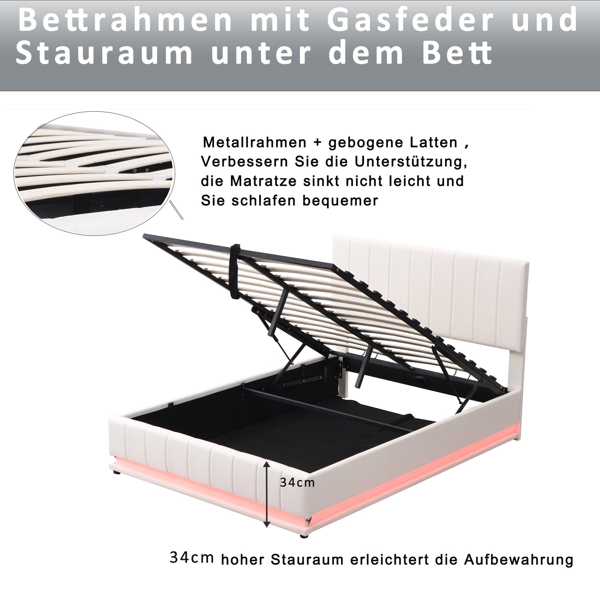 Boxspringbett (LED Hydraulisches Bett mit Bettkasten und Lattenrost), Polsterbett Stauraumbett 140x200 cm, Kunstleder