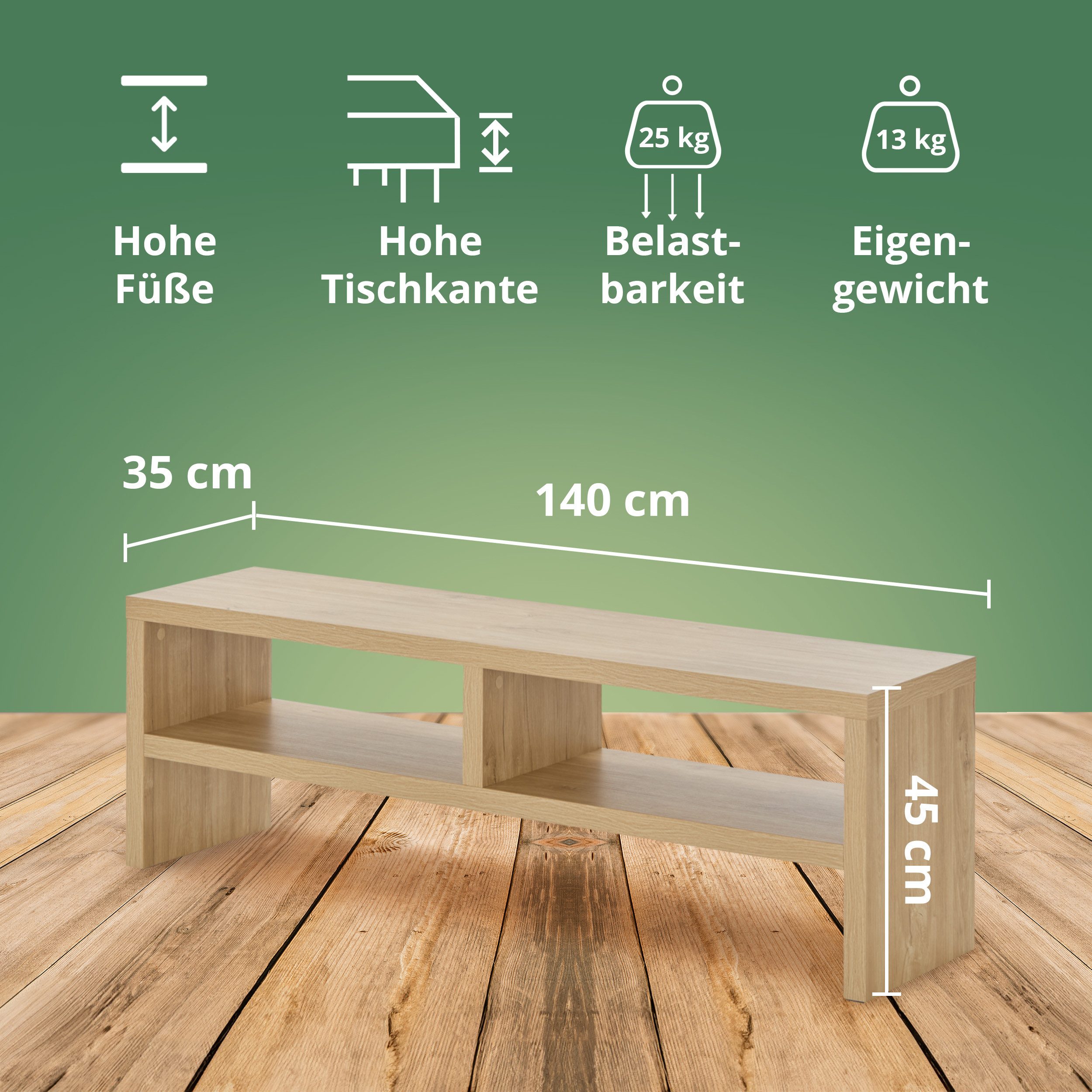 KHG TV-Board TV-Schrank Eiche-Optik mit 2 offenen Fächern 140x45x35 cm (Kompaktes Lowboard mit viel Stauraum, stabile Konstruktion, 1 St., Kabelmanagement durch – Bild 5 von 5