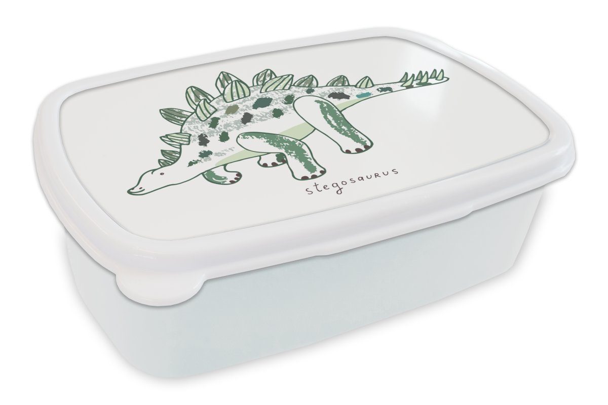 MuchoWow Lunchbox Kinderzimmer - Dinosaurier - Stegosaurus - Junge - Mädchen - Kind, Kunststoff, (2-tlg), Brotbox für Kinder und Erwachsene, Brotdose, für Jungs und Mädchen weiß