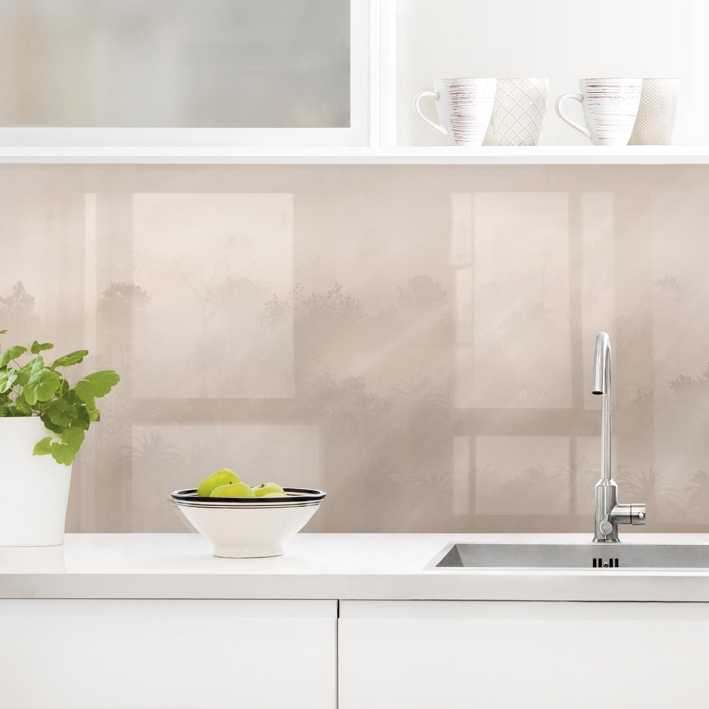 Bilderdepot24 Küchenrückwand beige dekor Bäume Wald Botanik Tropisch Natur Sonnenstrahlen Dschungel, (1-tlg., Nischenrückwand - für Fliesenspiegel ohne Bohren - matt), Spritzschutz Rückwand Küche Herd - Folie selbstklebend versch. Größen