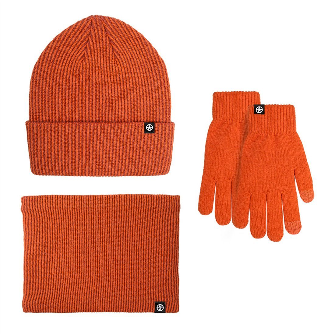 DÖRÖY Strickmütze Warmes Unisex-Winterset, wattierte Mütze + Schal + Handschuhe 3tlg. orange