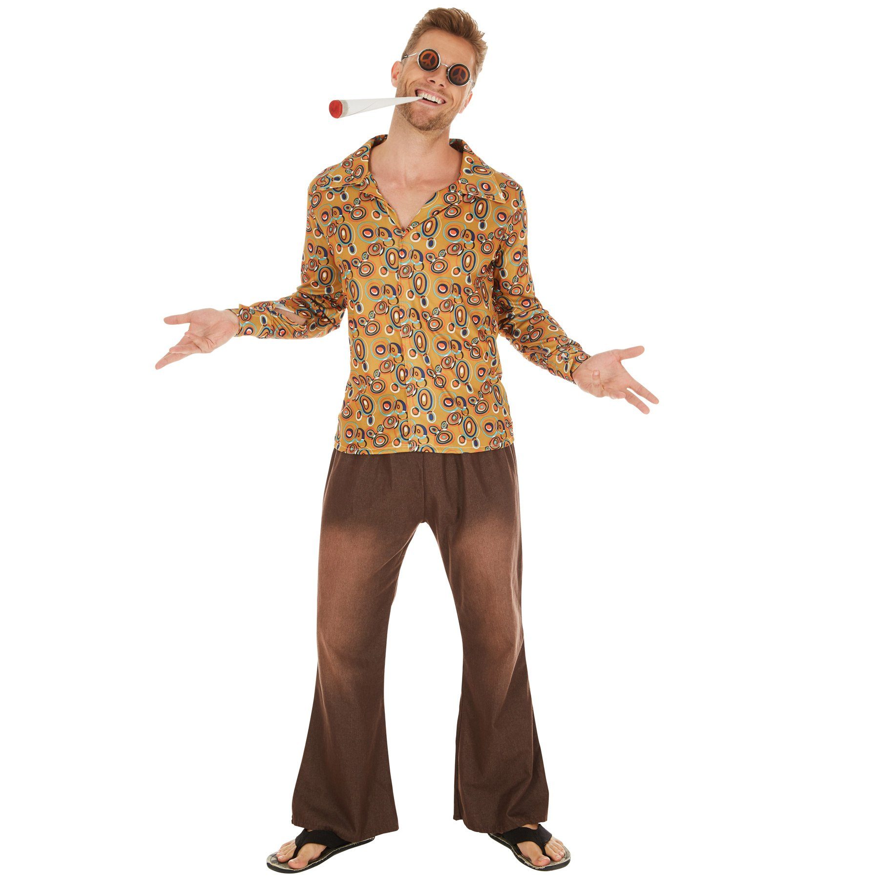 dressforfun Hippie-Kostüm Blumenkind/Friedensfreund, in braun gemischt, Konfektionsgröße XL, Retrohemd aus Elastik-Jersey, Lässige Hose in Jeansoptik mit Gummizug