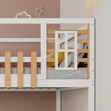 DOPWii Kinderbett 90x200cm Etagenbett mit Fallschutzgitter,Treppe,Fenster,Regalkasten, Rahmen aus massivem Kiefernholz,mit 3 Schließfächer,Weiß