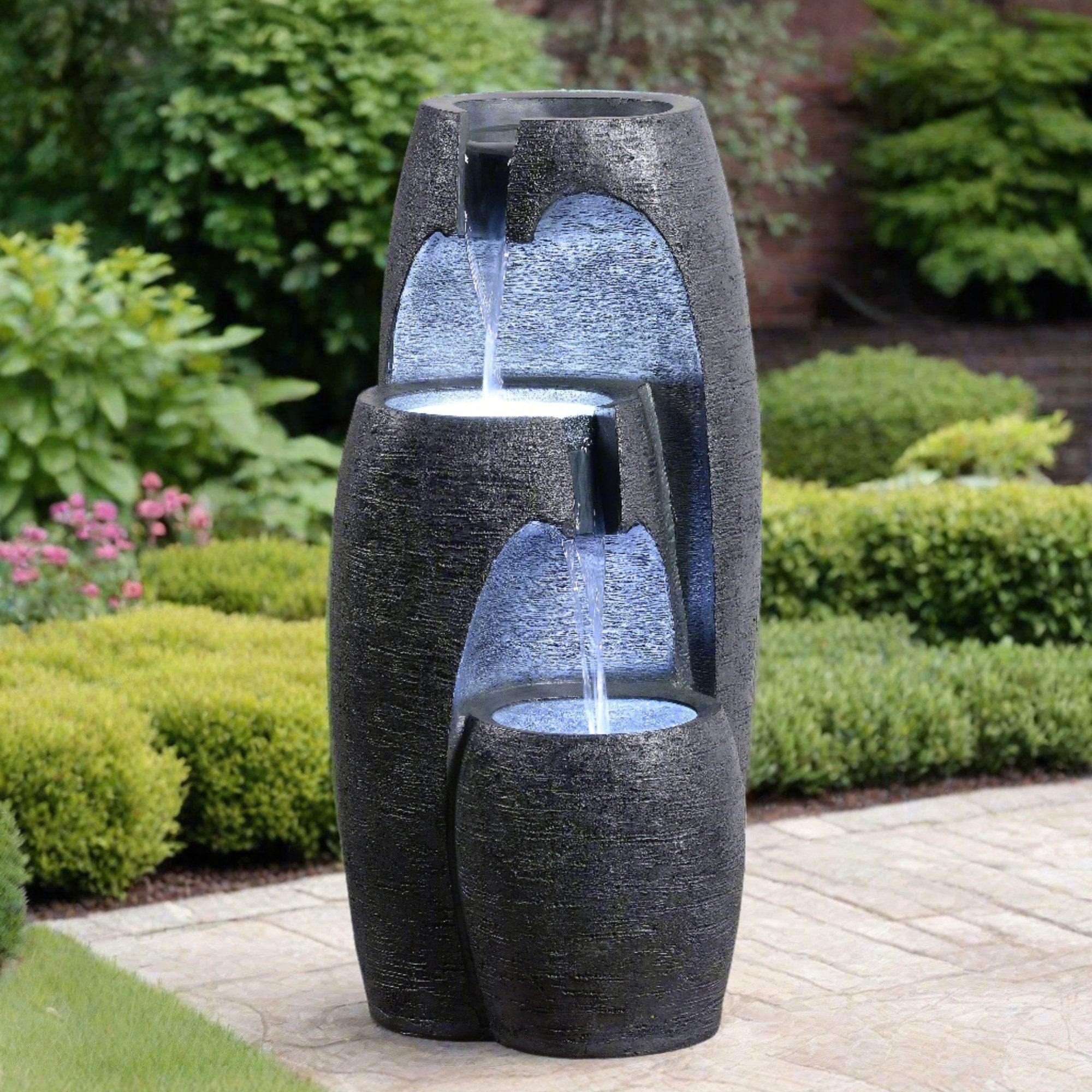 Teamson Home Gartenbrunnen Moderner 3-stufiger Gartenbrunnen mit LED, Schwarz
