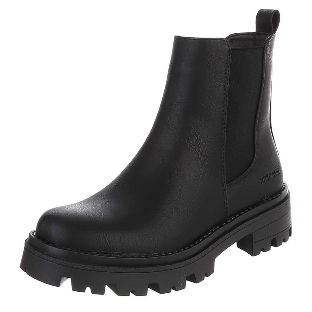 Ital-Design Damen Chelsea Boot mit Profilsohle für Alltag & Freizeit Plateaustiefelette (92078622) Blockabsatz Stiefeletten in Schwarz