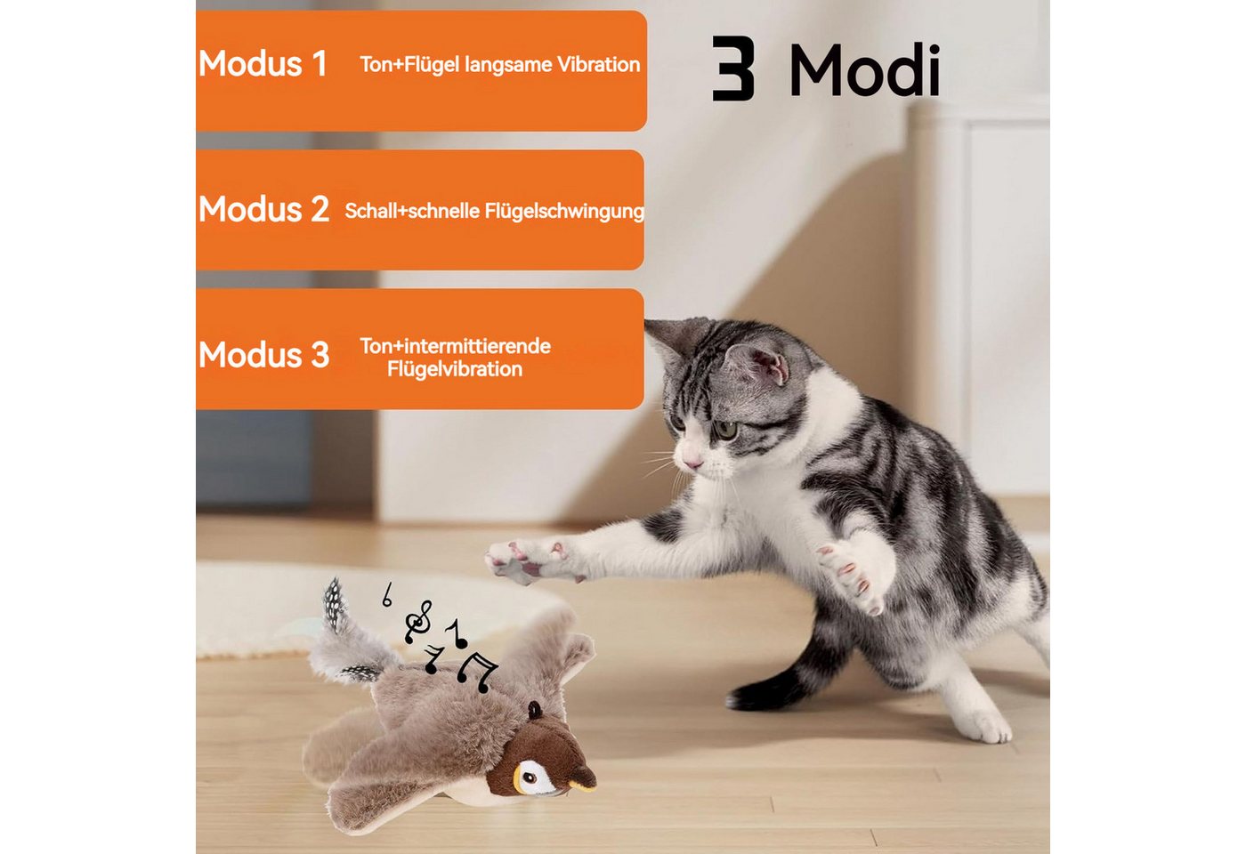 Thumbnail - BlingBin Tier-Intelligenzspielzeug Katzenspielzeug Vogel Fliegt, Elektrisch Flapping Bird Cat Toy, Polyester, ABS, 1 Set...