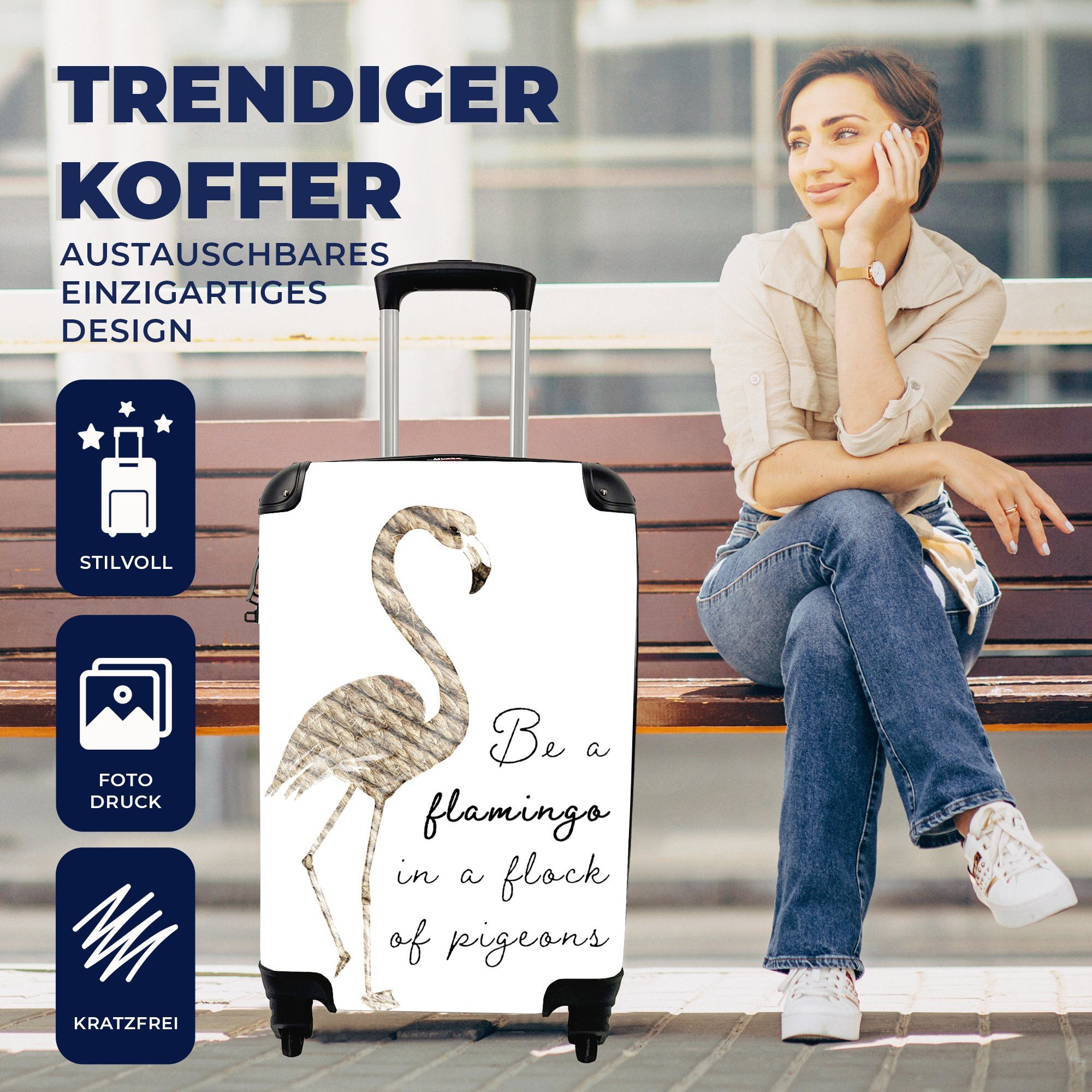 Reisetasche 4 Handgepäckkoffer mit Flamingo - Handgepäck Federn Reisekoffer rollen, Vogel, Ferien, Trolley, - MuchoWow für Rollen,