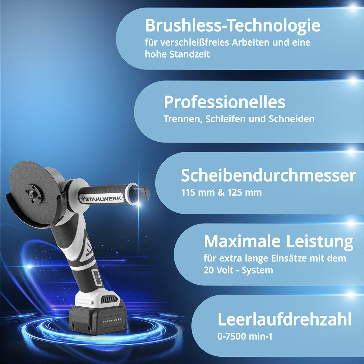STAHLWERK Akku-Winkelschleifer AWS-20 ST Brushless Motor 20V 4Ah Akku 7500 min-1, max. 7500 U/min, (Packung, 1 tlg., 4 Ah Akku), mit Akku und Ladegerät