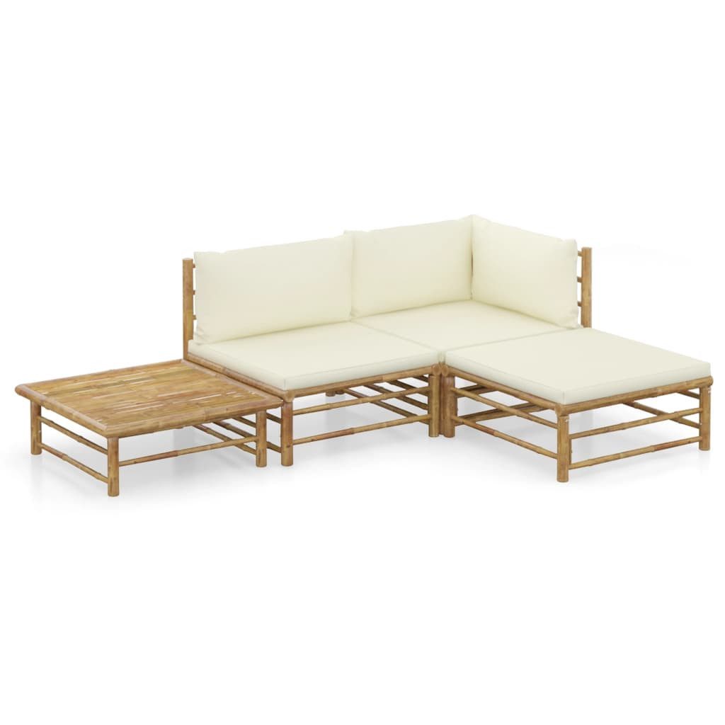 vidaXL Gartenlounge-Set 4-tlg. Garten-Lounge-Set mit Cremeweißen Kissen Bambus, (1-tlg)