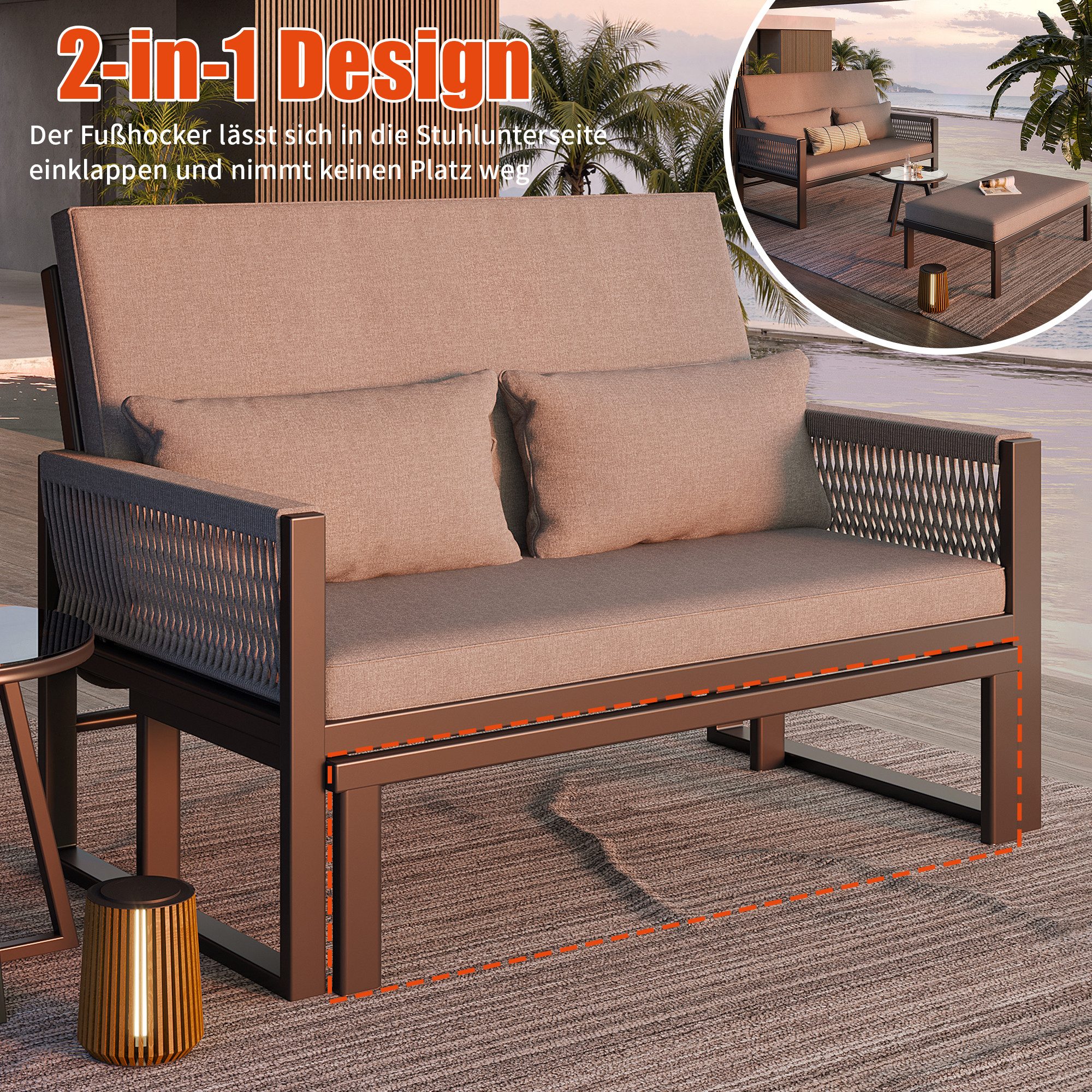 i@home Gartenlounge-Set, (3-tlg), mit geflochtenen Armlehnen Inkl. Glas-Couchtisch & Polstern, Grau