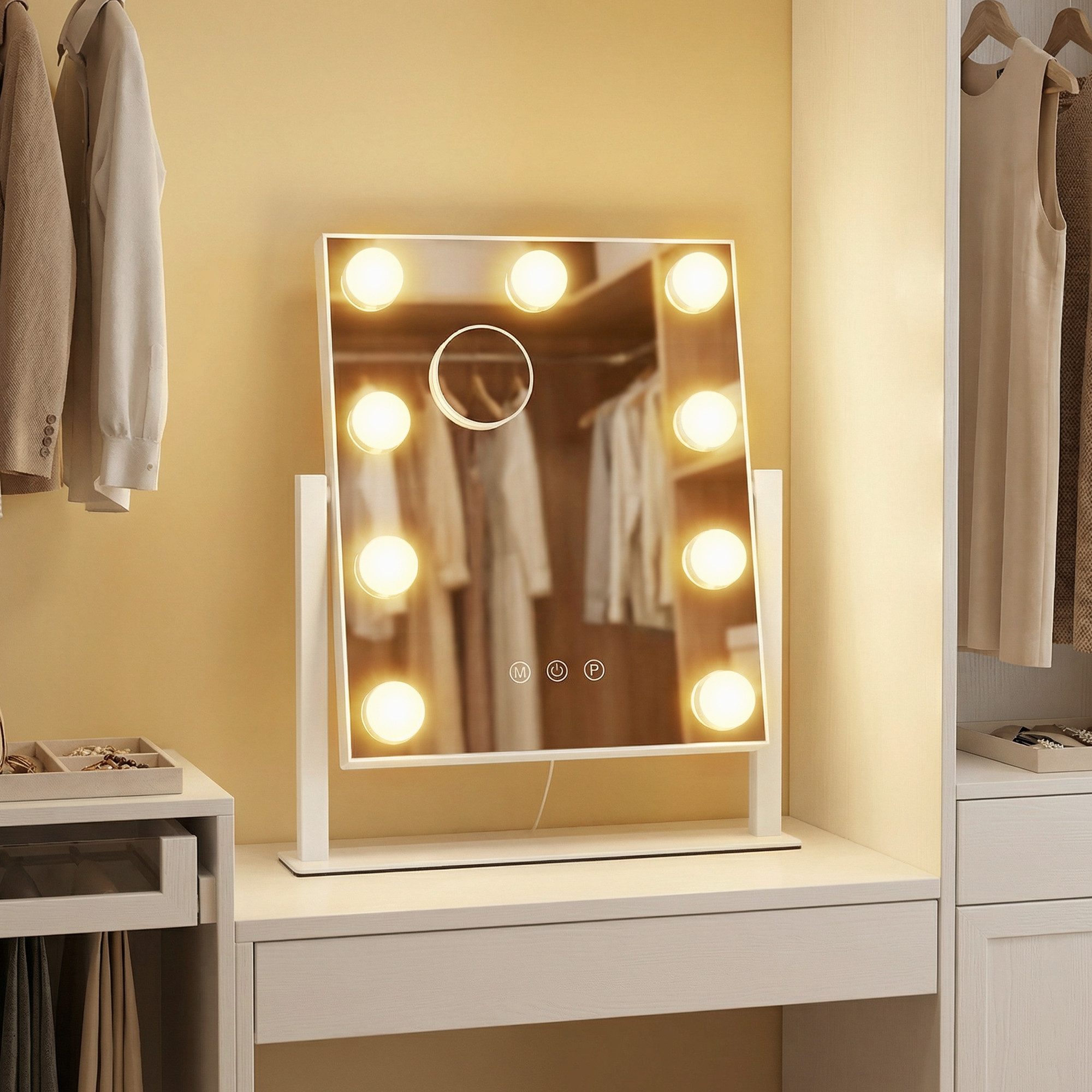 SONGMICS Schminkspiegel Hollywood Schminktischspiegel, Kosmetikspiegel, 25 x 30 cm, mattweiß, mit 9 LED-Glühbirnen, Touch-Steuerung, 3 Lichtfarben, dimmbar