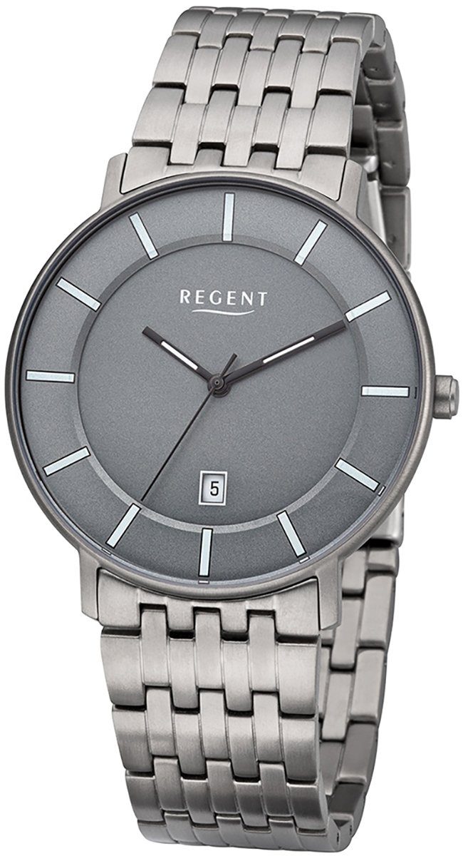 Regent Quarzuhr Regent Herren Uhr F-1175 Metall Quarz, Herren Armbanduhr rund, mittel (ca. 39mm), Metallarmband grau