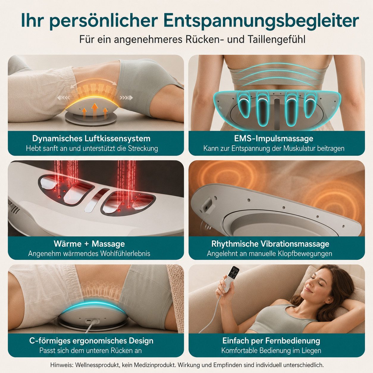 ibettertec Massagegerät Elektrisches Rückenmassagegerät für Lendenwirbel, Rückenmassagegerät mit Wärme & EMS-Impuls 3 Heizstufen 3 Massageprogramme, Lenden-Zugm – Bild 5 von 5