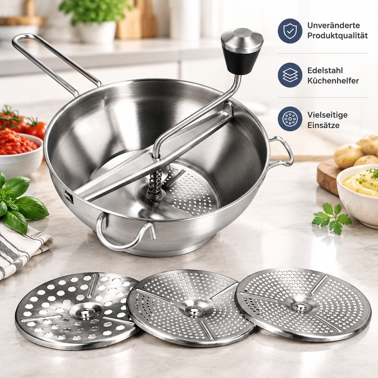 MC Star Passiersieb Passiergerät aus Edelstahl mit 3X Siebeinsatz passiermühle für Suppe – Bild 5 von 5