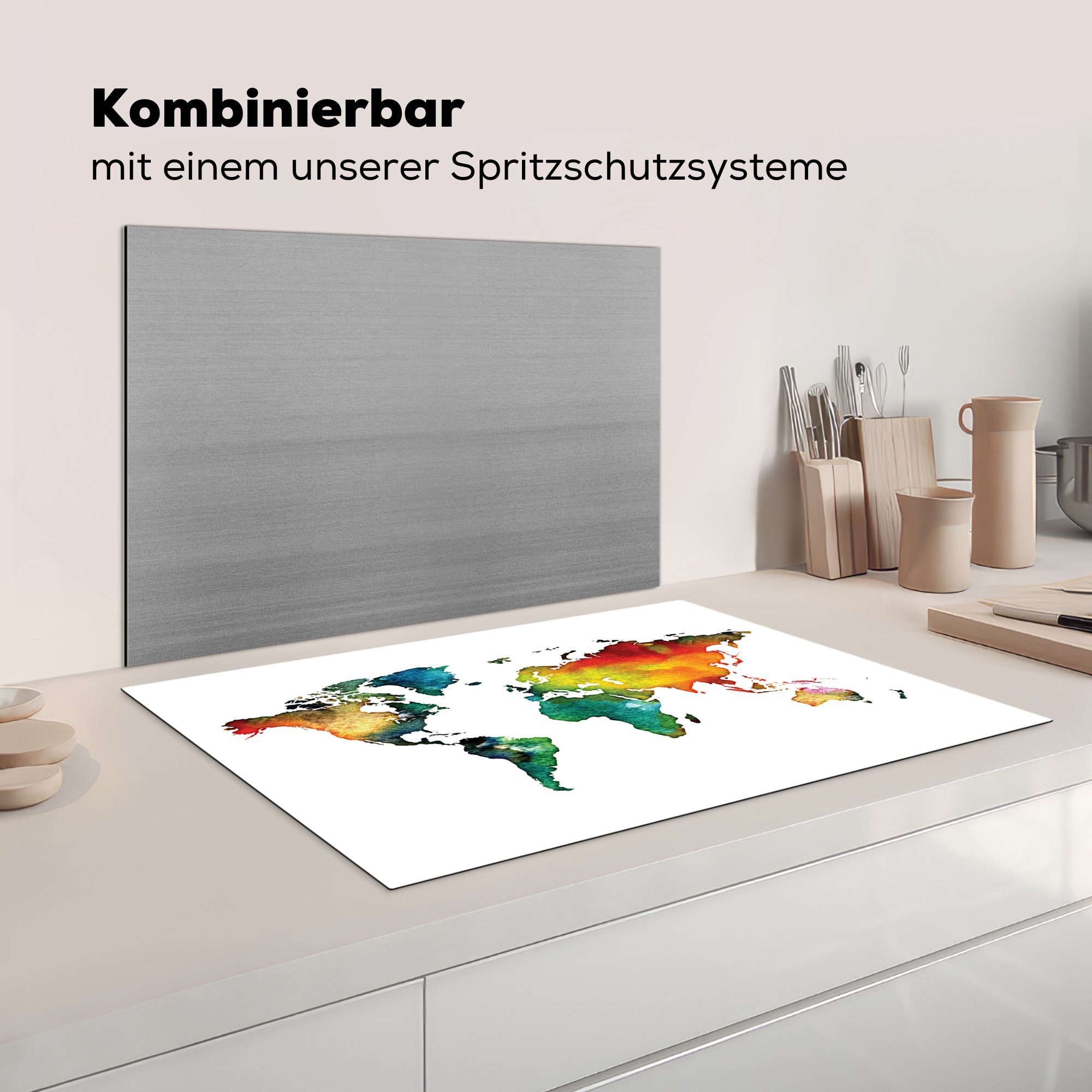 für tlg), MuchoWow Ceranfeldabdeckung die Aquarell - Weltkarte Vinyl, cm, (1 81x52 Schutz küche, Herdblende-/Abdeckplatte - Grün, Induktionskochfeld