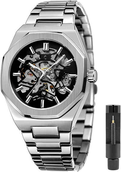 S&T Design Mechanische Uhr Mechanische Uhr Skelett Edelstahl, (inkl. Годинникиetui, und Armbandkürzer), Mechanische Armbanduhr für Herren, Achteckig, Wasserdicht