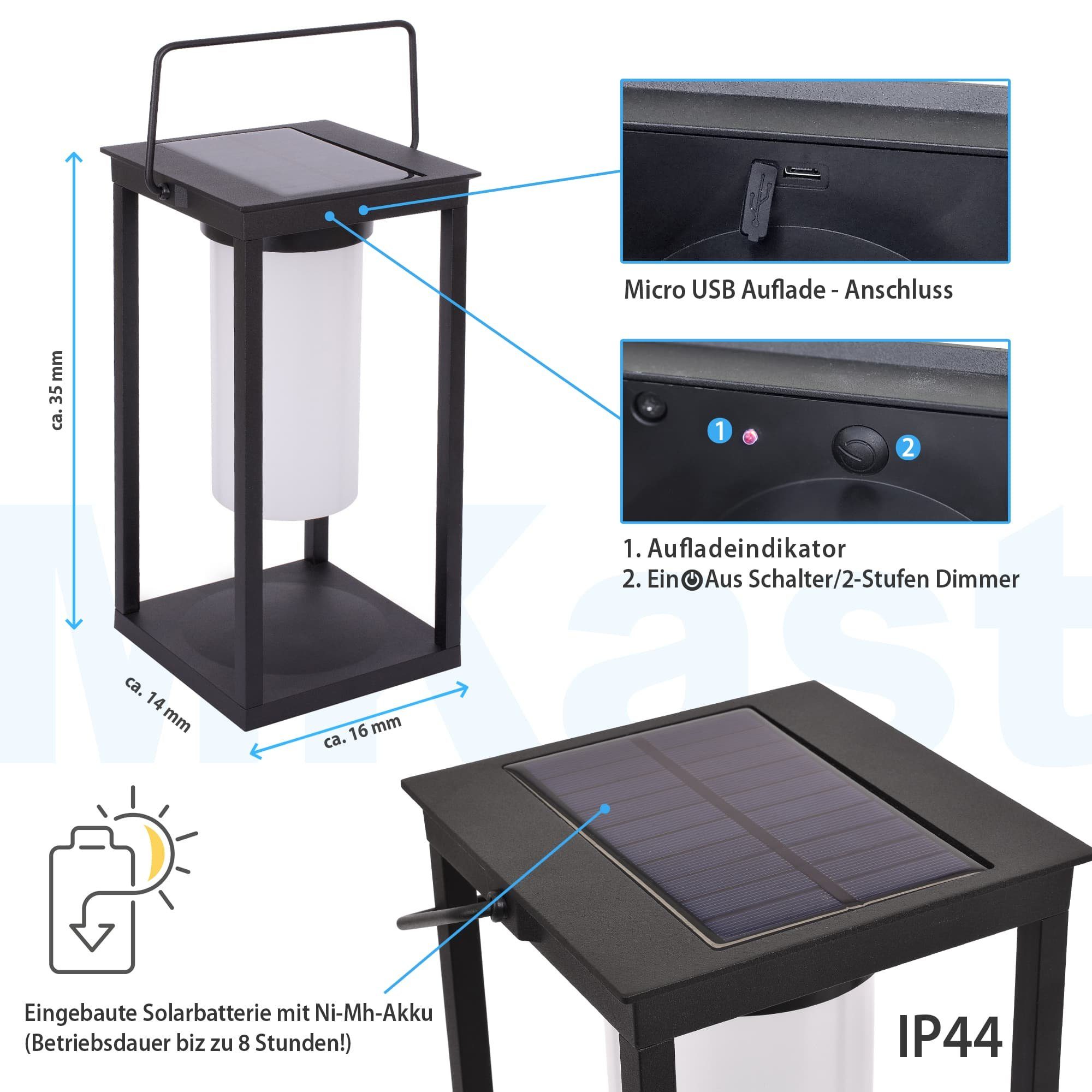 Maxkomfort Außen-Tischleuchte Warmweiß, Wegeleuchte Outdoor, Picknick, Camping, Schwarz aufladbar, Terrasse, fest Deko, Balkon, integriert, Mkast, LED Solar-Leuchte, Garten