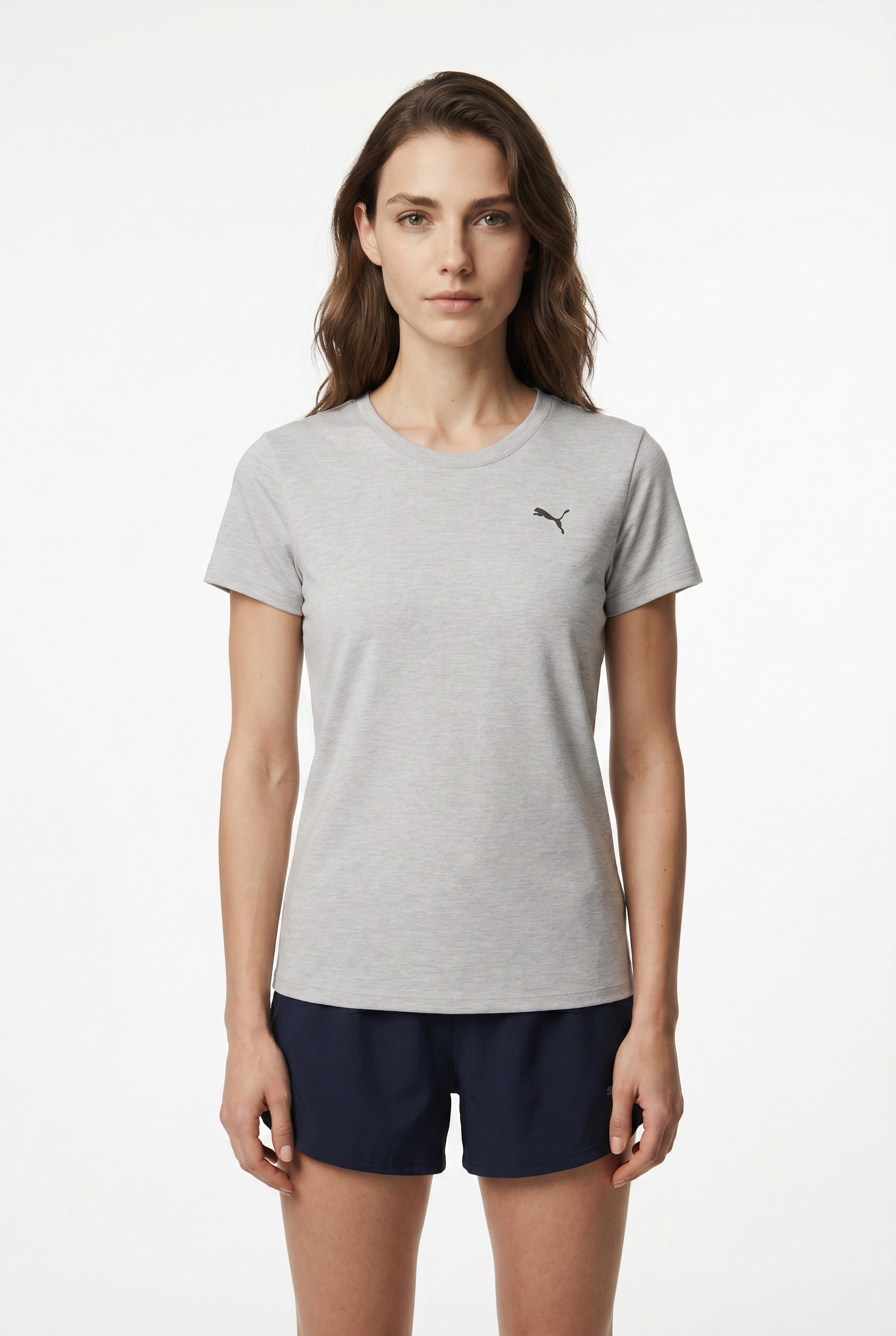 PUMA Trainingsshirt W TAD ESSENTIAL HEATHER TEE mit kleinem Logo auf der Brust, Kurzarm, in normaler Länge