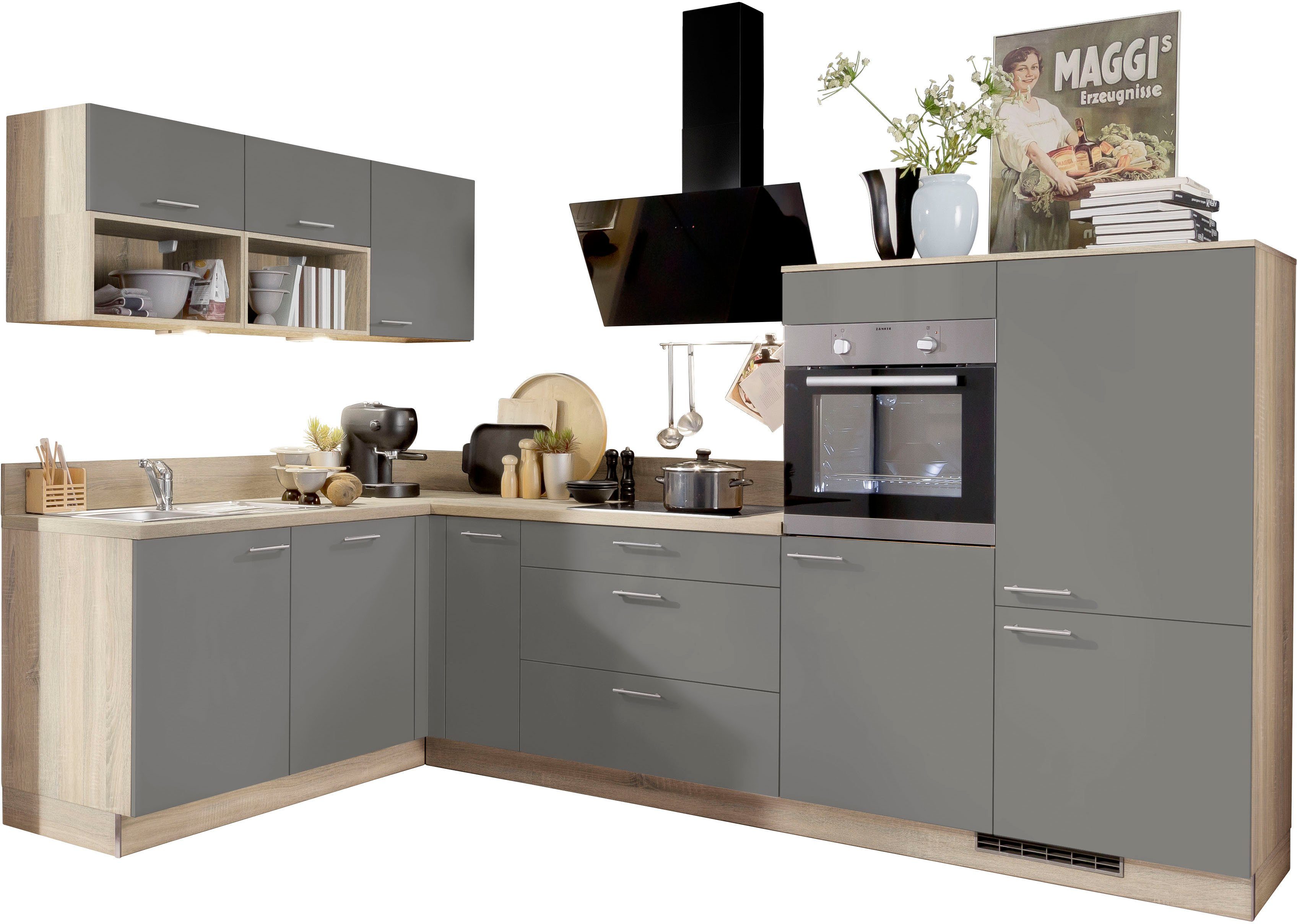 KOCHSTATION Küchenzeile KS-Scafa, vormontiert, mit höhenverstellbaren Füßen, vormontiert, wahlweise mit E-Geräten, Stellbreite 305 x 185 cm