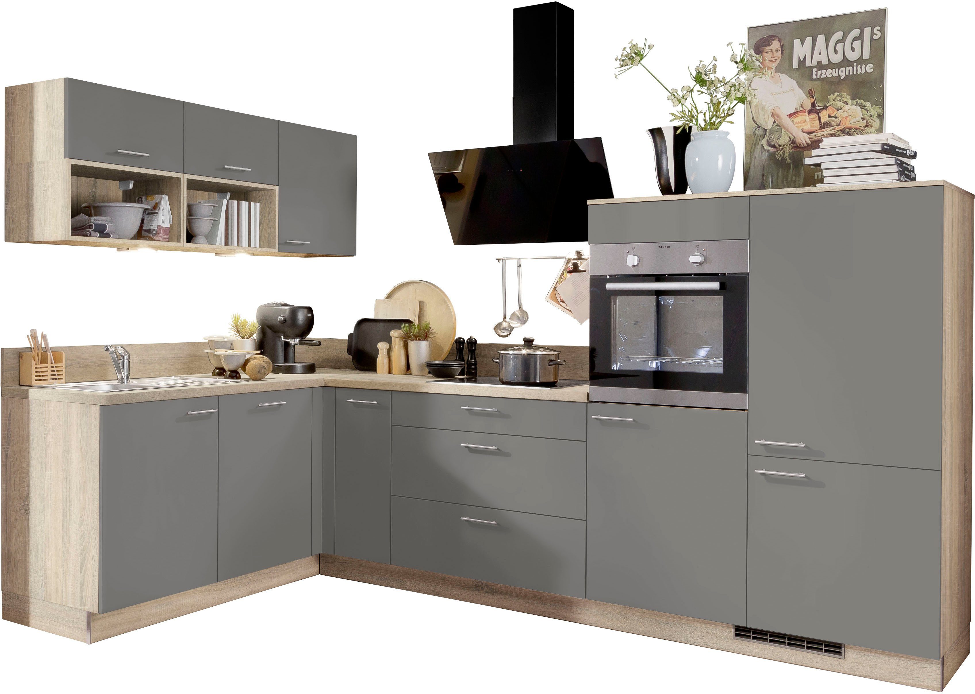 Express Küchen Küchenzeile Scafa, vormontiert, mit E-Geräten, Vollauszug,  Stellbreite 305 x 185 cm