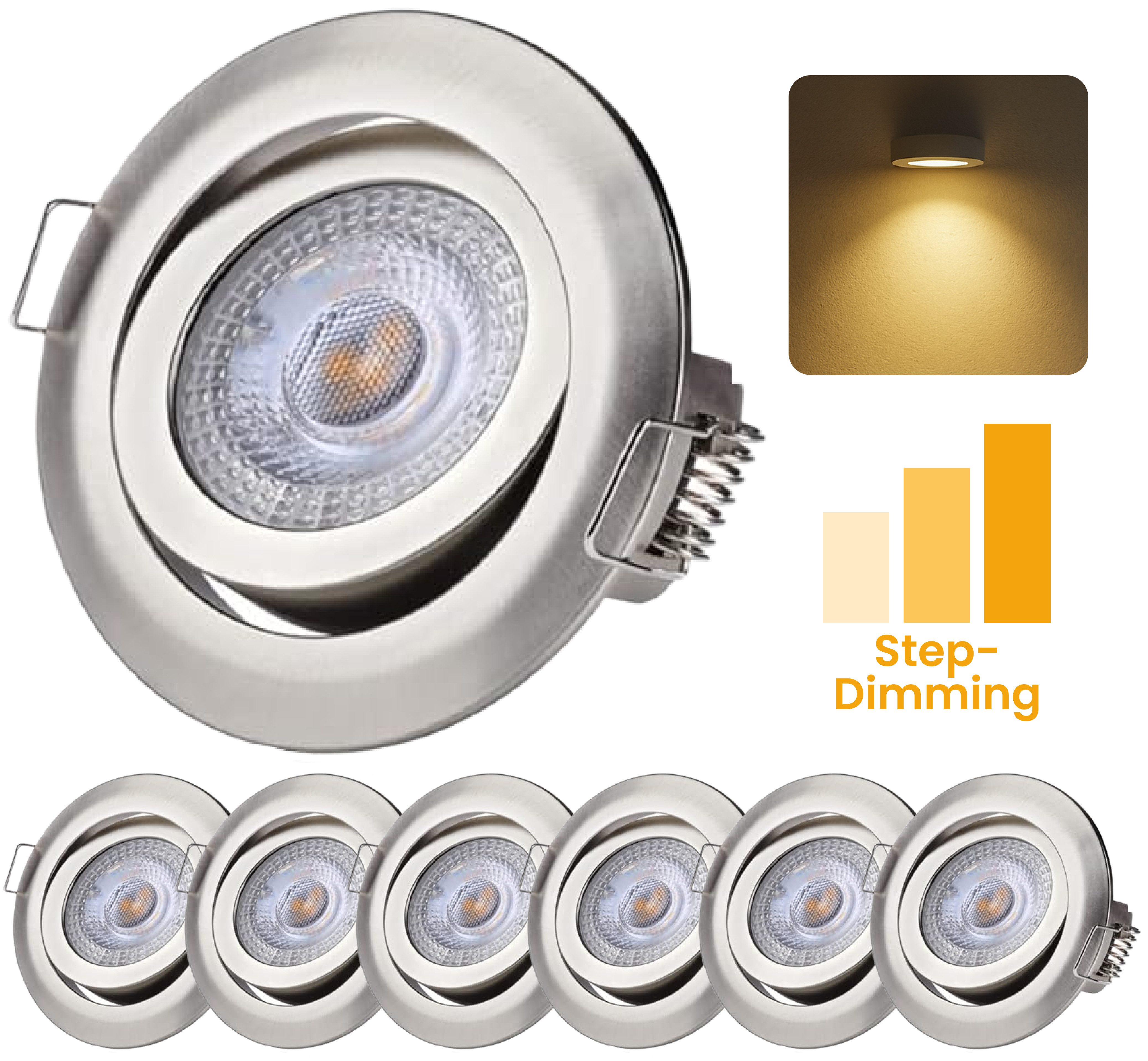 Sweet LED LED Einbaustrahler 6er Set 5 W Deckenspots rund chrom 3-Stufen dimmbar schwenkbar 230V, LED fest integriert, warmweiß, Deckenspots, Deckenstrahler, Einbauleuchten