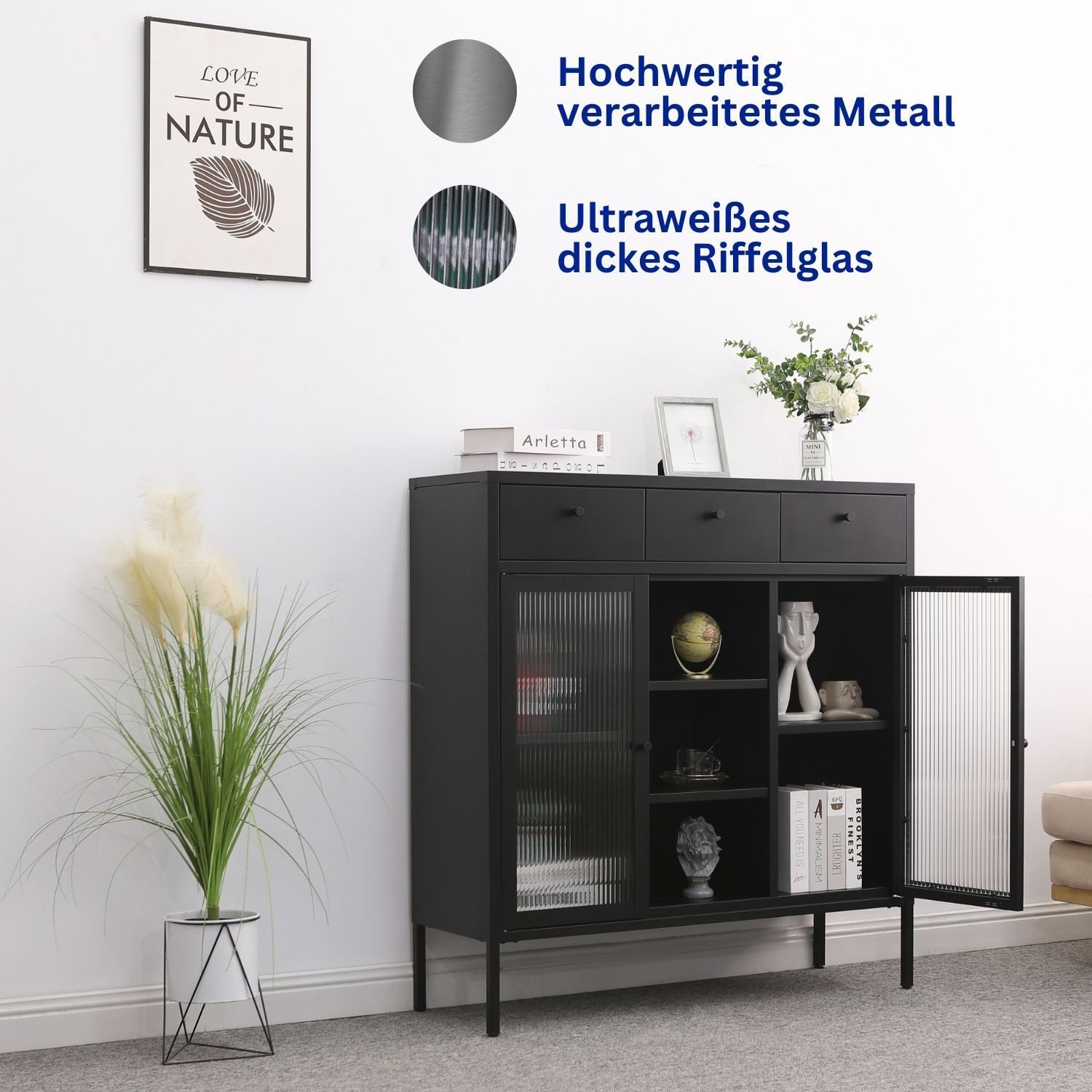 Mein-Regal Highboard PARIS, Schwarz, Kommode Regal Metall Breite 105 cm 2 Glastüren 3 Schubladen