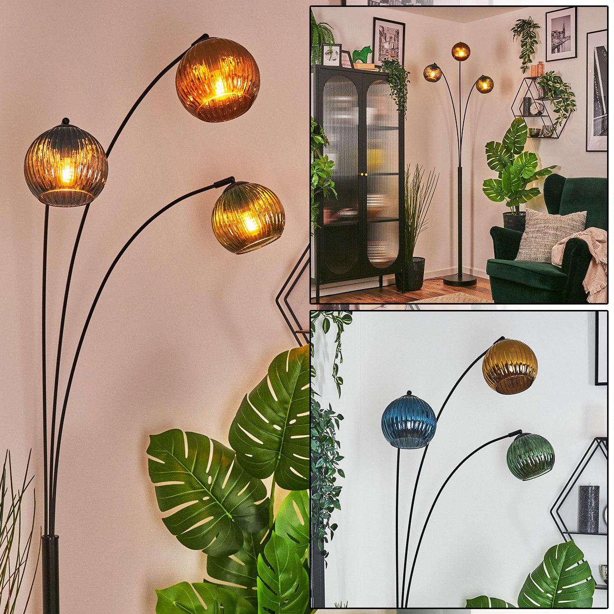 hofstein Stehlampe Stehlampe aus Metall/Riffelglas in Schwarz/Blau/Grün/Goldfarben, verstellbare Stehleuchte im Vintage-Design, Fußschalter, 210 cm, 3xE14
