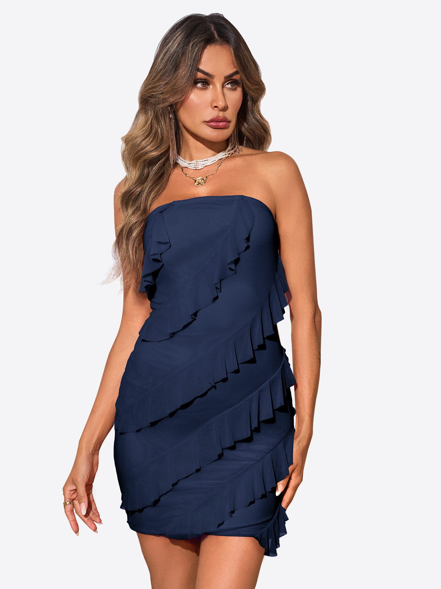 Imily Bela Minikleid Damen schulterfrei ärmellos mit diagonalen Rüschen Club Party (Packung, 1-tlg., 1per-Pack) in Unifarbe