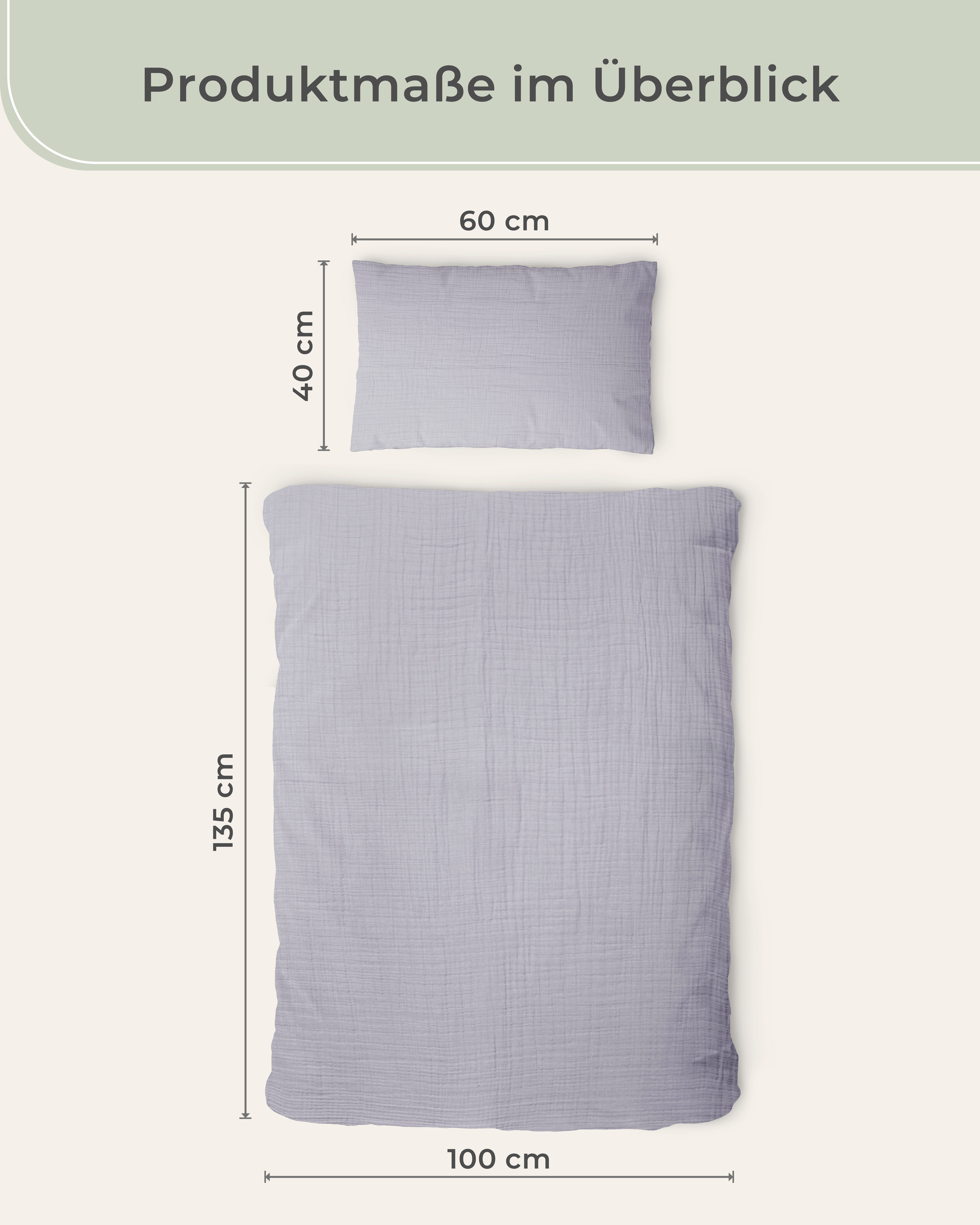 Laynenburg Kinderbettwäsche Musselin 2 teilig aus 100% Baumwolle in 100x135 cm + 40x60 cm, atmungsaktiv & bügelfrei – 3 lagig mit Reißverschluss & Haltebändern