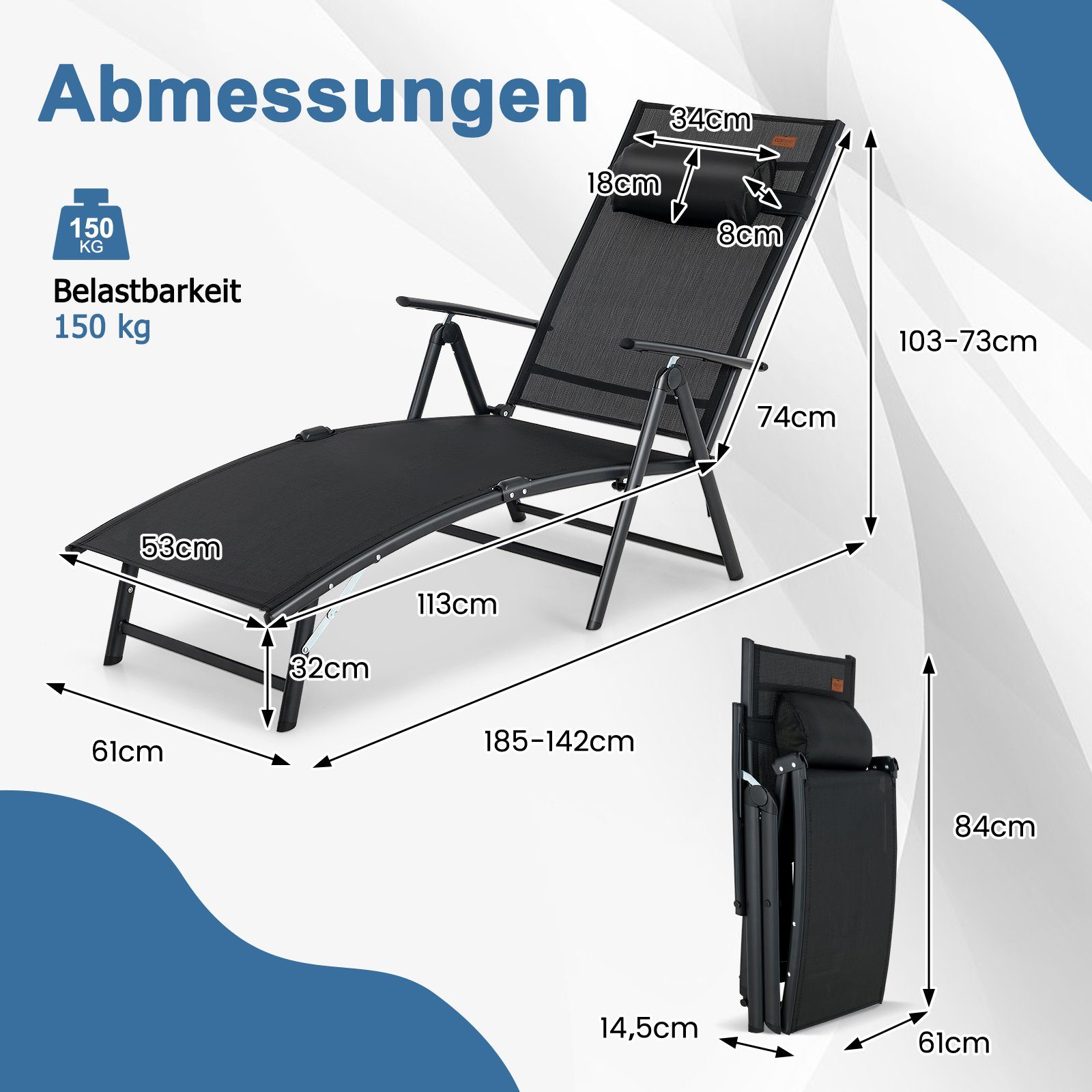 COSTWAY Gartenliege Sonnenliege, klappbar, 7-fach verstellbar, mit Kopfstütze