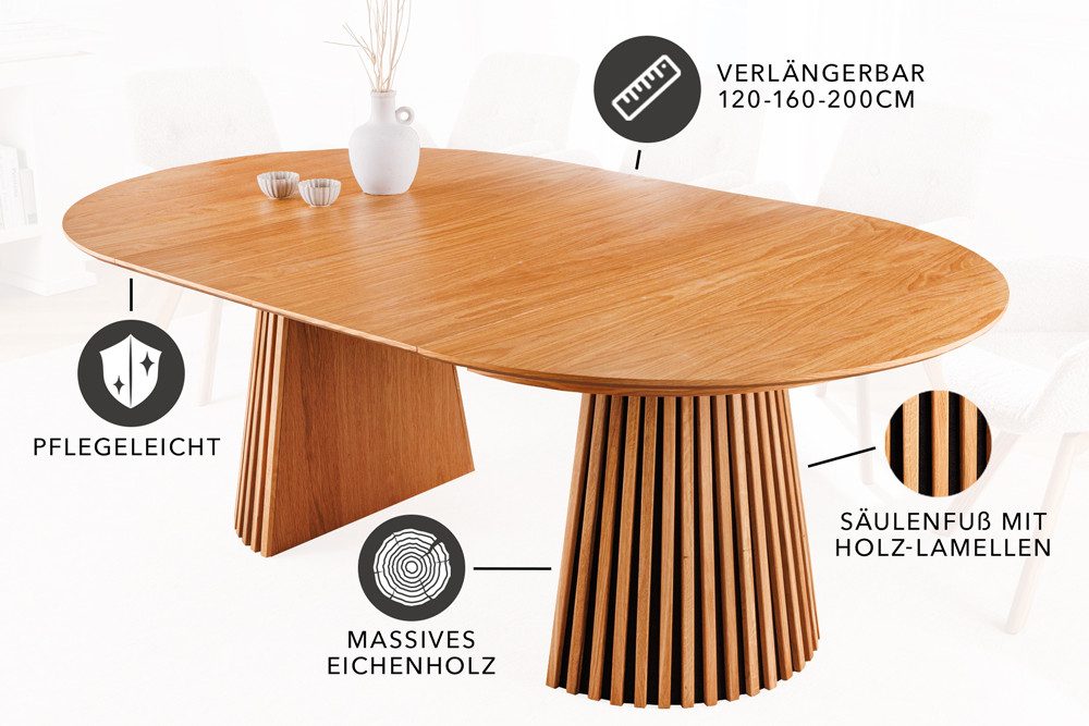 riess-ambiente Esstisch VALHALLA WOOD 120-160-200cm natur · Küchentisch aus Eichen-Massivholz (Einzelartikel, 1-St), mit stabilem Säulenfuß & Einlegeplatten · rund oder oval · 8 Personen