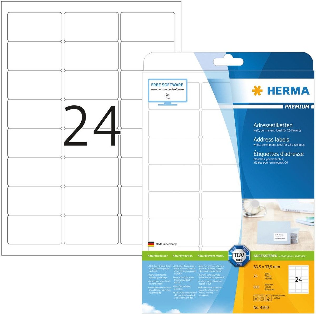 HERMA Etiketten Etiketten weiß 63,5x33,9mm Premium A4 VE=600 Stück