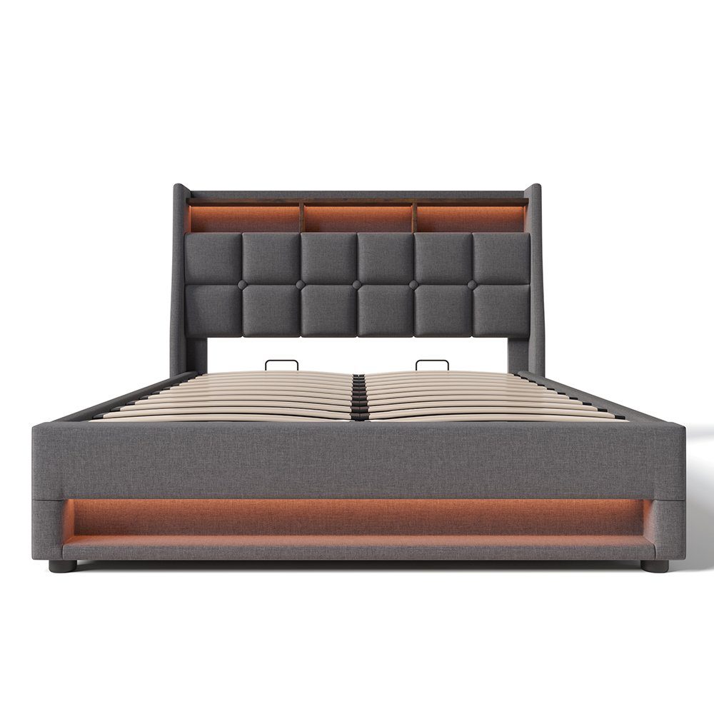 Polsterbett (Funktionsbett, 140x200 cm Hydraulisches Bett mit Lattenrost), Stauraumbett mit LED-Beleuchtung und USB-Anschluss, Baumwolle-Leinen
