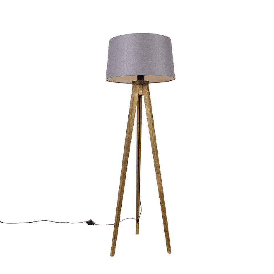 Qazqa Stehlampe Tripod_classic, ohne Leuchtmittel, Warmweiß, QAZQA Stehlampe, e27, Grau, Holz, Landhaus